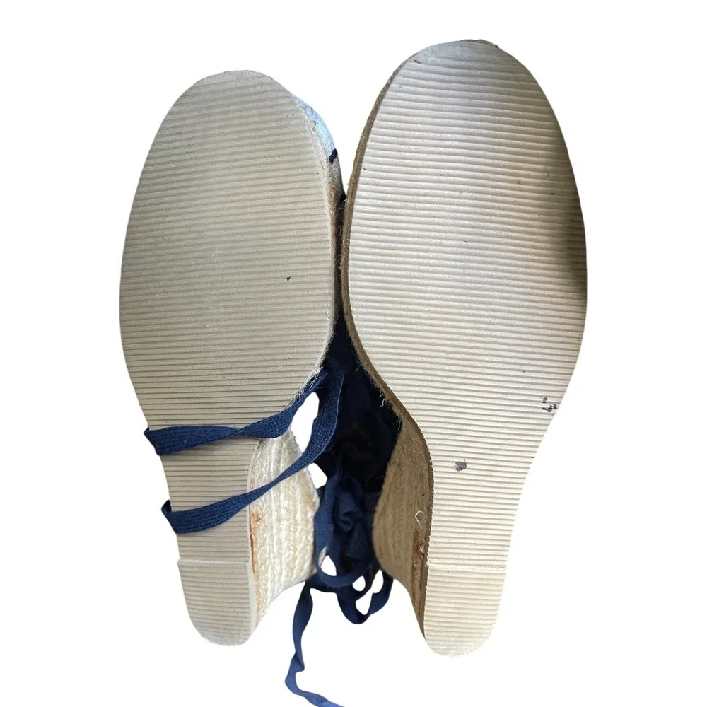 Pare Gabia France Blue White Stripe Lace Up Ankle Wedge Espadrilles Handmade 8.5